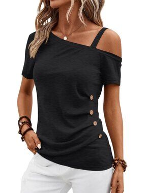 👑 Women Black Short Sleeve Off Shoulder Asymmetrical Button Ruched Blouses Tops